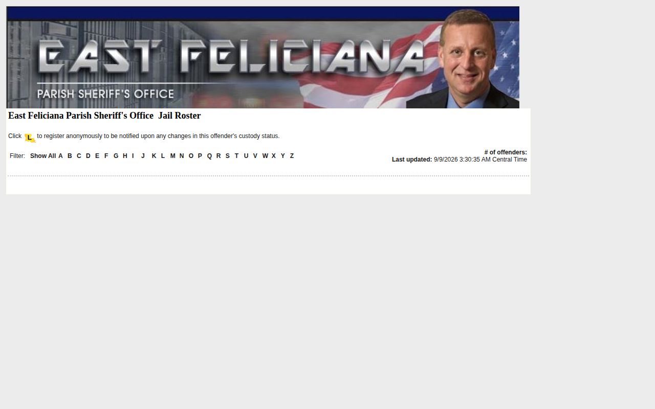 East Feliciana Parish official jail roster access screen