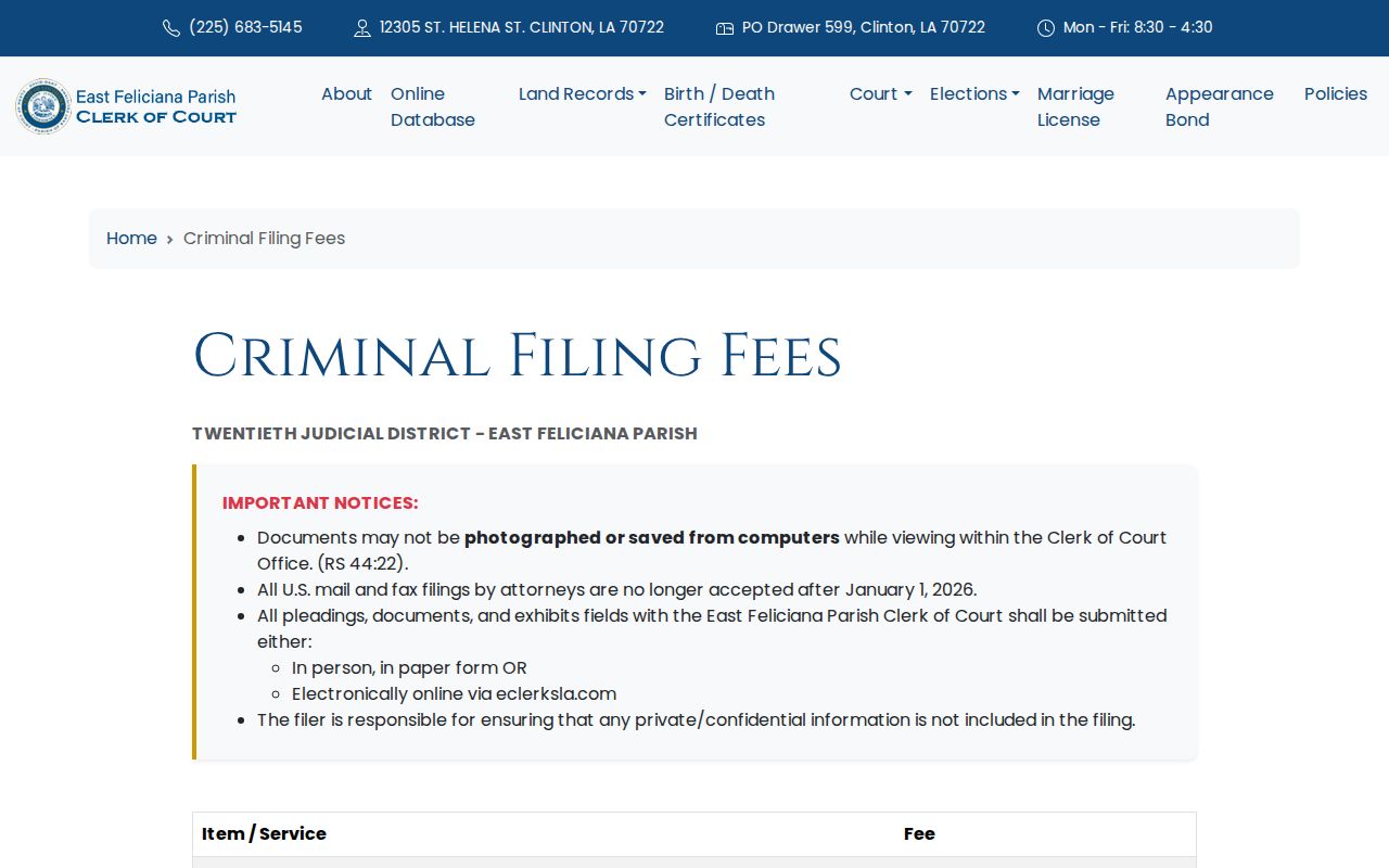 East Feliciana Clerk of Court criminal filing and record fee page