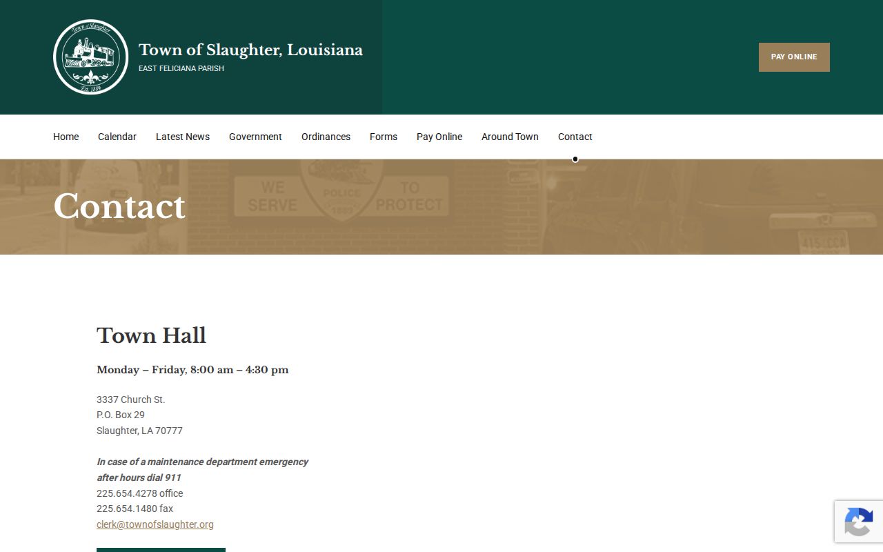 Official Town of Slaughter contact page listing the police department
