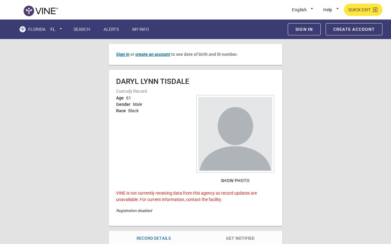 VINELink record detail interface with custody notification controls