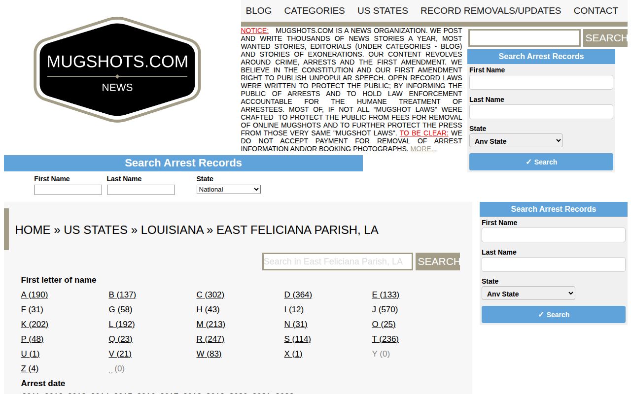 Historical unofficial East Feliciana Parish mugshot index page